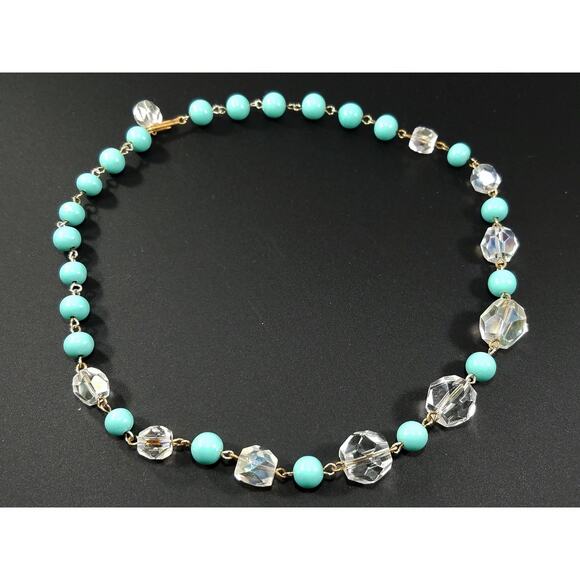 Vintage Art Deco Crystal Bead Necklace Turquoise Lucite 1940s 1950s Hand Cut 17" - Picture 2 of 10